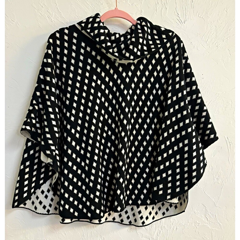 Westbound Womens L/XL Black White Geometric Knit Cowl Neck Poncho Sweater